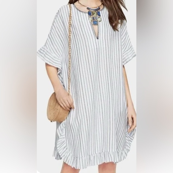 BCBG MAXAZRIA DOVE BLUE WHITE STRIPE RUFFLE EDGE CAFTAN DRESS WOMENS XS/SMALL - Picture 10 of 10